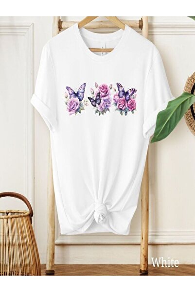 COZYWEAR Flower and Butterfly Printed White Oversize T-Shirt