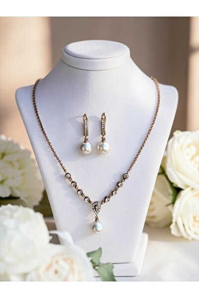 FAYRA ACCESSORIES Zirkon Taşlı Su Yolu Zincirli Yuvarlak İnci Kolye ve Küpe S...
