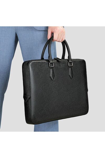 Busy Ldy & Gtm Geantă laptop 14'' din piele Saffiano, subțire, cu suport pentru troler - Negru