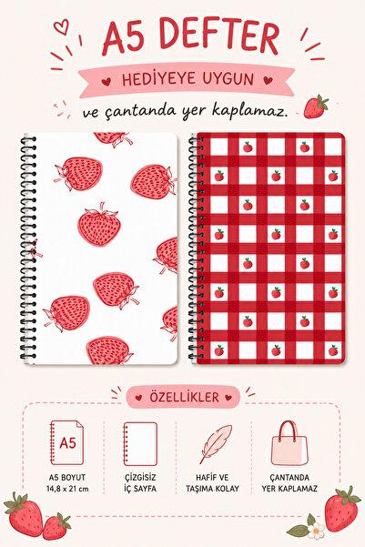 zumio A5 Spiral 2'Li Defter Çilek Temalı | Çizgisiz Not Defteri | Günlük, Oku...