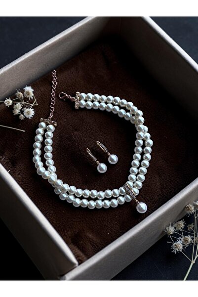 FAYRA ACCESSORIES Zirkon Taşlı Tasma Choker İnci Kolye ve İnci Küpe Seti Düğü...