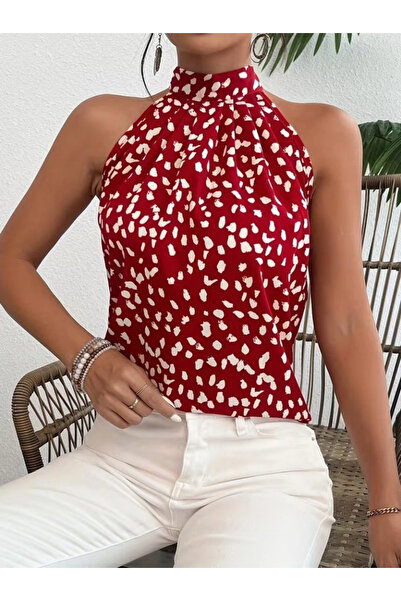 Butik Women's Patterned Single Jersey Blouse with Turtleneck and Tie Back Detail