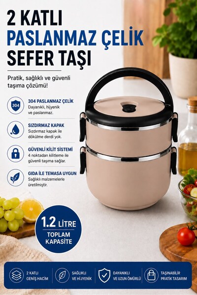 Sas Haus 2 Katlı 1.2 Litre Paslanmaz Çelik Sefer Tası Sızdırmaz Kapaklı Yemek...