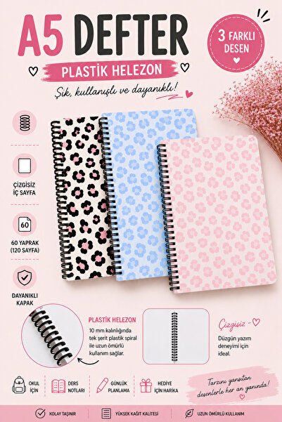 zumio A5 Plastik Spiralli Defter | Çiçek Desenli ve Leopar Desenli | Günlük v...