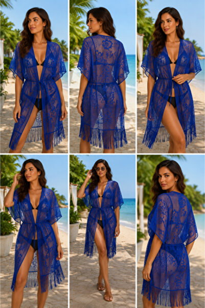 FUBA Pareo de plajă din dantelă albastră cu franjuri – Elegant și feminin