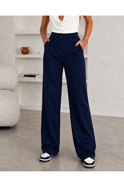 Fioria Women's Navy Blue High Waist Button Closure Lycra Pleated Palazzo Knit...