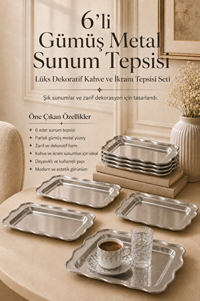 DİVAYS 6-Piece Silver Metal Presentation Tray Luxury Coffee and Catering Tray...