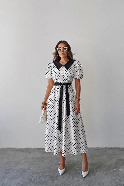 Lusin Women's White Polka Dot Patterned Stylish Collar Detailed Belted Balloo...