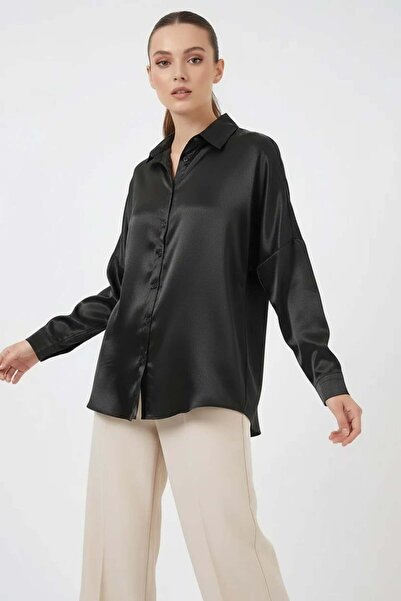Generic Brand Women's Oversize Satin Black Shirt