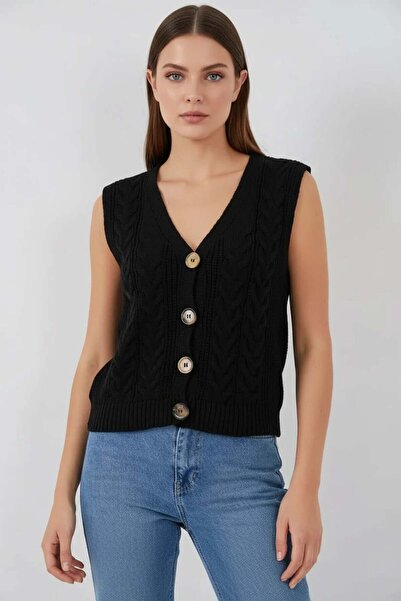 ALFA AKSESUAR 03 Women's V-Neck Knitted Detailed Buttoned Knitwear Black Vest