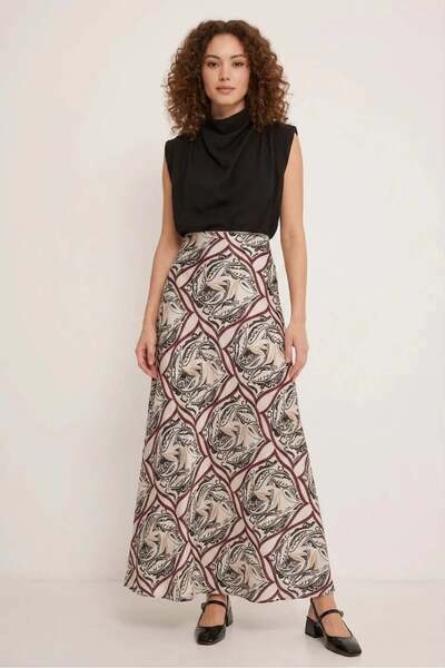ALFA AKSESUAR 03 Women's High Collar Patterned Satin Black Beige Skirt