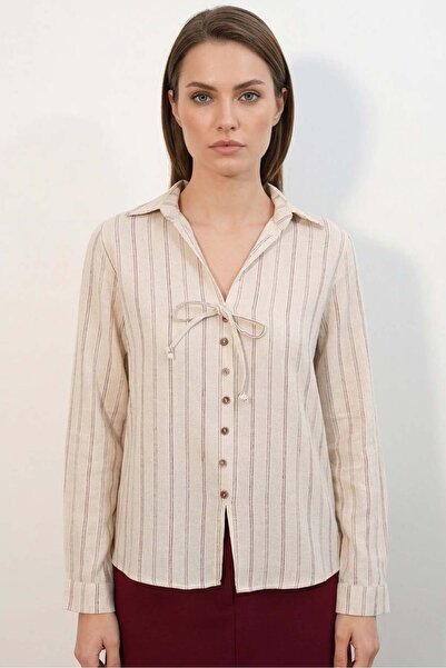 Generic Brand Women's Striped Linen Burgundy Shirt