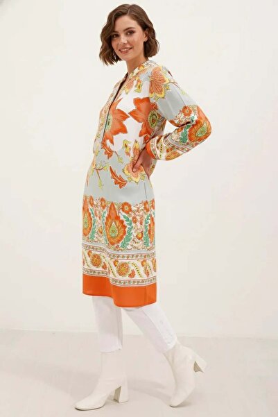 Generic Brand Women's Shirt Collar Floral Patterned Viscose Orange Dress