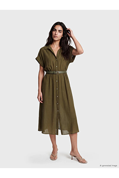 LC Waikiki Khaki Belted Shirt Dress