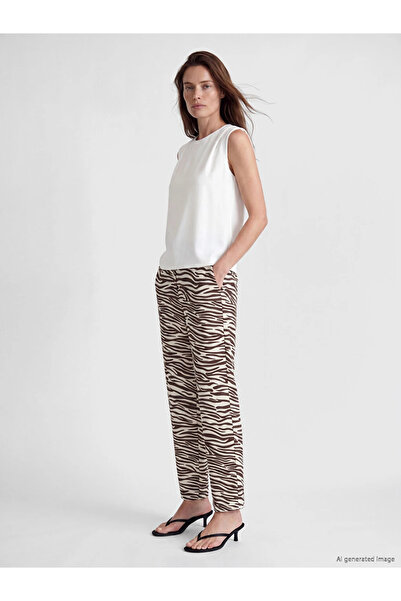 LC Waikiki Brown Elastic Waist Zebra Patterned Women's Trousers