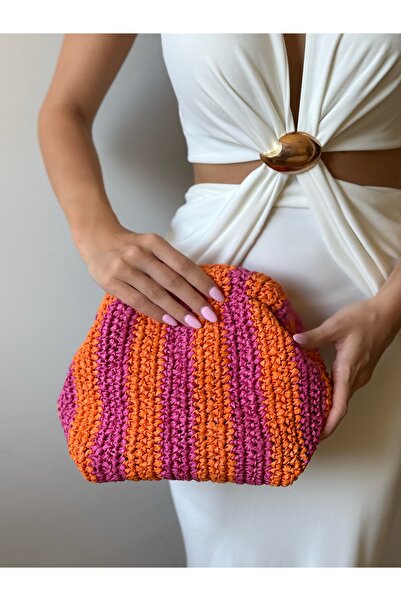 La'Bien Hand Knitted Paper Thread Clutch Bag - Orange Fuchsia Striped Handmad...