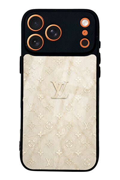 Spoyi iPhone 17 Pro Max Krem Gold LV Tasarımlı Glossy Telefon Kılıfı
