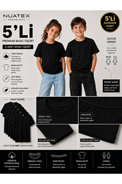 NUATEX Pachet de 5 tricouri unisex, negru și alb, Basic RegularFit, cu gât ro...