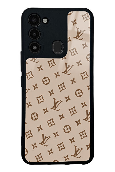 Spoyi Tecno Spark 8C Koyu Krem LV Tasarımlı Glossy Telefon Kılıfı