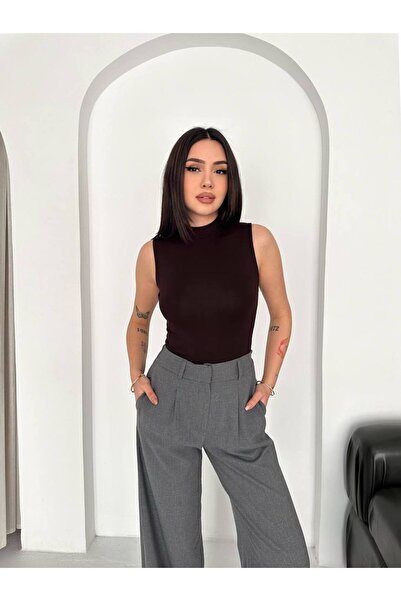 HELMİRA Kadın Kahverengi Balıkçı Yaka Esnek Likralı Kumaş Sıfır Kol Body Bluz