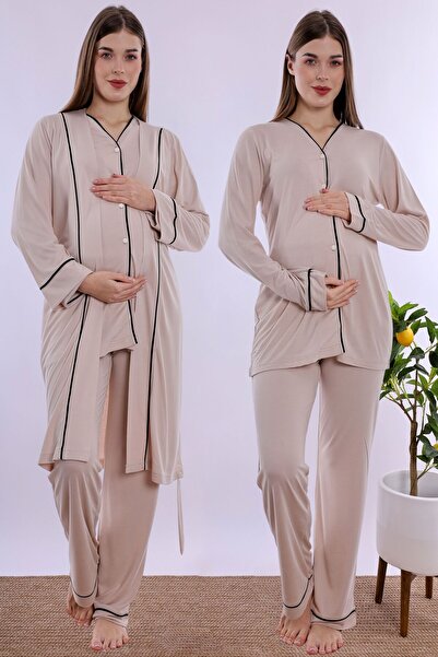 ByLohusa Soft Textured Cotton Maternity Pajama Set with Dressing Gown Effortt...