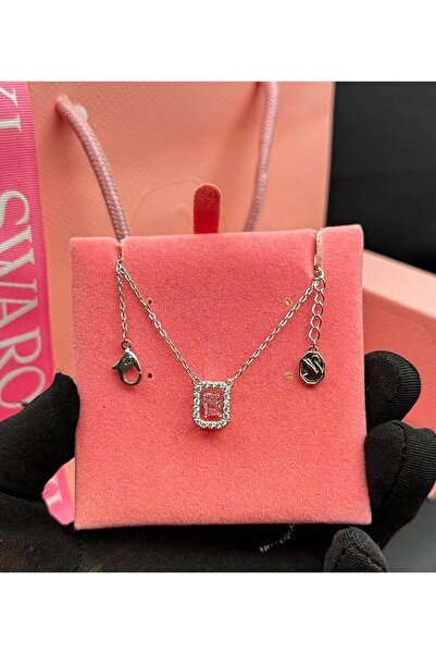 Generic Silver Necklace with a Brilliant Square Pink Stone and Locks