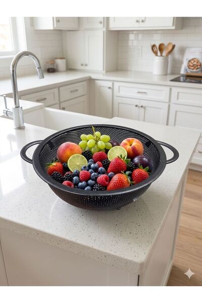 elif aksesuar Stainless Steel Colander with Stainless Steel Handle, Black Mat...