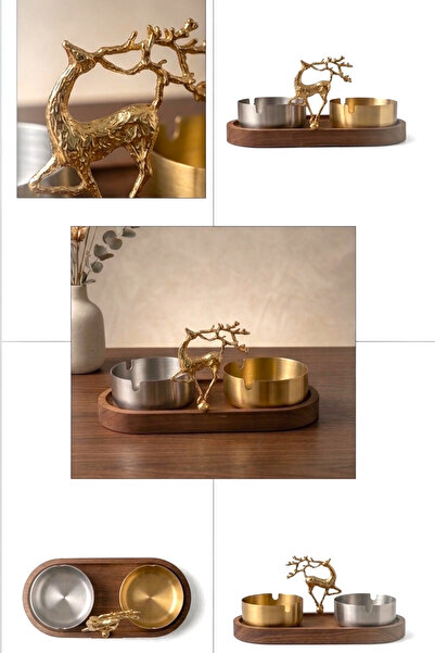 GO BLOBS Ashtray Wooden Presentation Stand Luxury Deer Stand Gold-Silver Metal Double Decorative Ashtray Gold