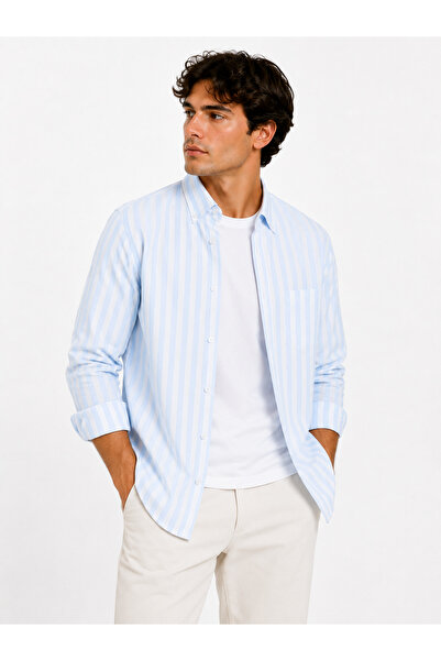 RAFF MAĞAZA Men's Striped Shirt 60% Cotton 40% Linen Fabric