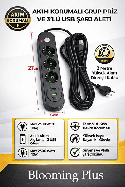 Blooming Plus 500W Yüksek Güç Kapasiteli, Isıya Dayanıklı 3'lü Priz + 3 USB G...