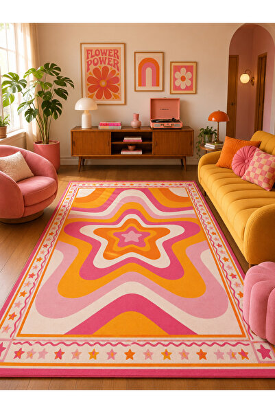 Homeilla Retro Pembe Turuncu Yıldız Desenli Renkli Dekoratif Halı