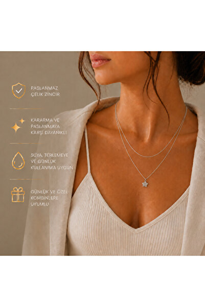 Liora De Mar Stainless Steel Star Figured Women's Necklace Double Chain Styli...