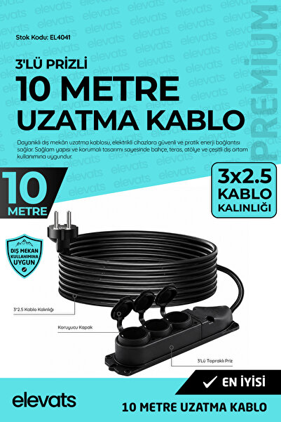 Elevats Premium Profesyonel 10 Mt. Dış Mekan Uzatma Kablosu | 3 Prizli | Kapa...