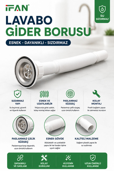 Dihamer Esnek Lavabo Gider Borusu + Hediye Lavabo Süzgeci