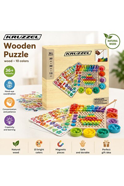 KRUZZEL Joc educativ Montessori din lemn, Puzzle cu margele colorate, Cifre, ...