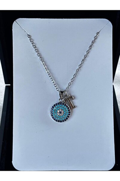 bijoux uniques Nazar boncuğu detaylı T harfli çelik kolye