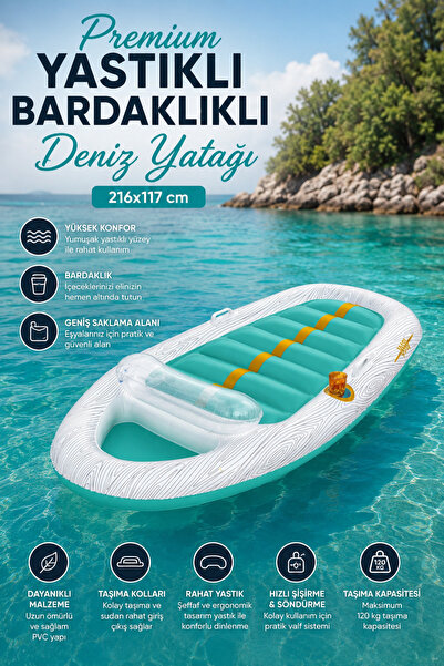 craftivio Premium Yastıklı Ve Bardaklıklı Şişme Deniz Yatağı Geniş Saklama Al...
