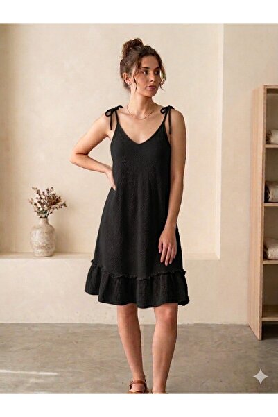 MELTEM COLLECTION ETEĞİ FIRFIRLI İNCE ASKILI YAZLIK ELBİSE