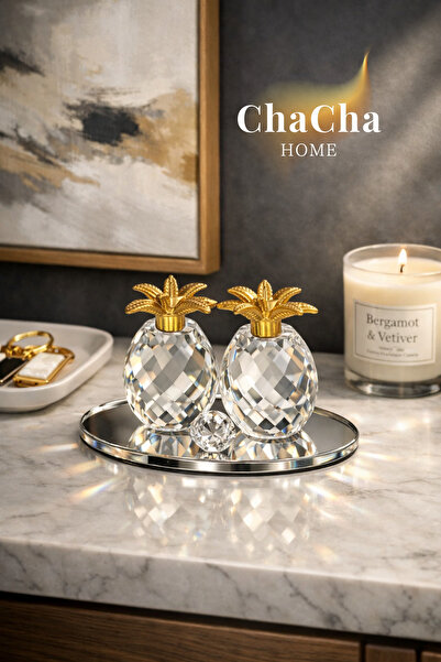ChaCha Home ONG LAI- Dekoratif Kristal Cam Ananas Dekor Obje – Gold Metal Çiç...