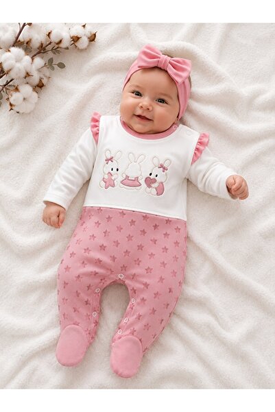 Pure Boutique Salopeta bebelusi din bumbac cu bentita, costum roz cu iepurasi...