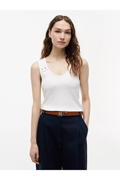Tommy Hilfiger Kadın Slim Fit Yuvarlak Yaka Çizgili Kalın Askı Beyaz T-Shirt