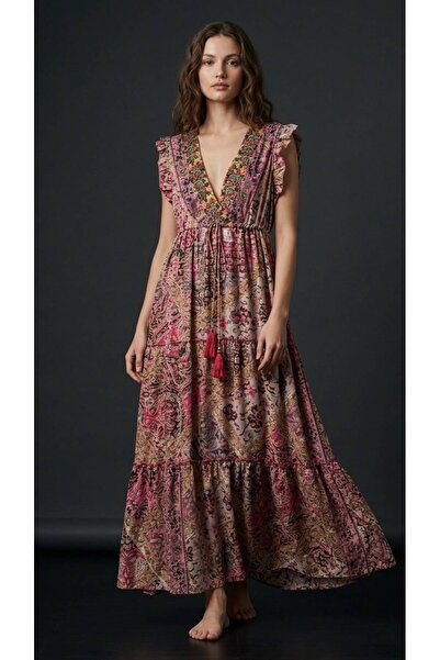 moda gk Shiny Patterned Bohemian Imported Silk Dress with Bead/Embroidery Detail