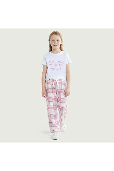 Juniors Cotton Crew Neck Short Sleeves Pyjama Set with Checked Design