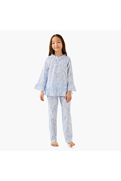 Juniors Cotton Ruffled Neck Long Sleeves Pyjama Set with Floral Print