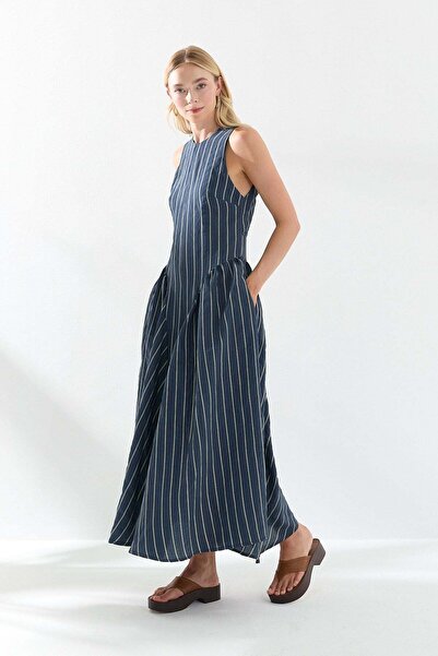 Lencie Striped Backless Dress Navy Blue