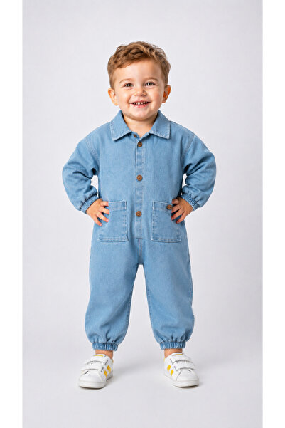 Momivi Kids Baby Boy 100% Cotton Dad Printed Denim Overalls with Pocket Detail