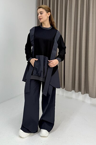 Raneel Kazançlı Alışveriş Women's Garnished Double Color Tracksuit Set Black