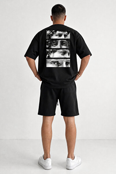 EFFRENATU Men's T-Shirt Shorts Set Black Art Print Oversized Fit