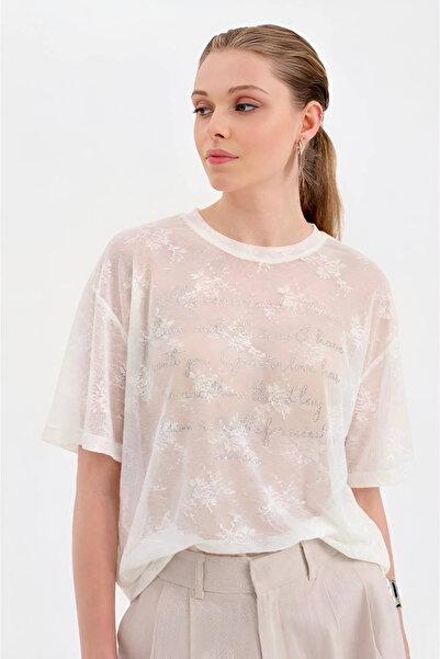 tw3 Women's Jacquard Fabric Oversized Tshirt with Stone Detail on the Front