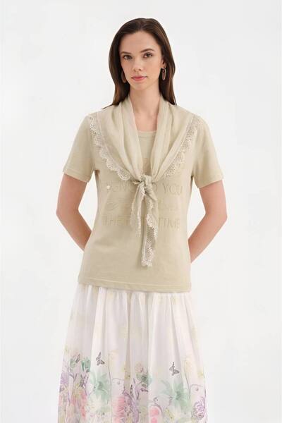 tw3 Women's Two-Piece Design Tshirt with Detachable Shawl Detail